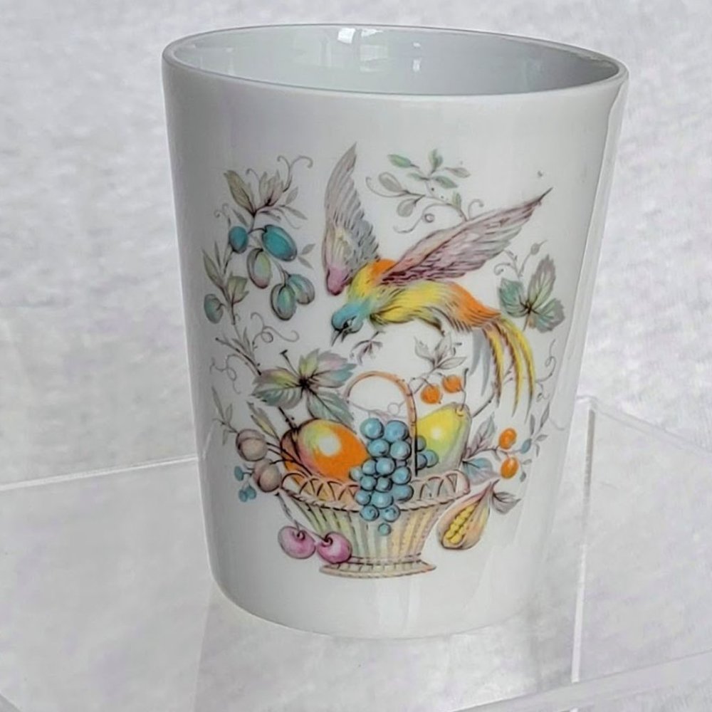 Vintage Limoges France Porcelain Cup w/ Bird, basket, fruit ceramic painted